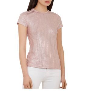 Ted Baker Catrino Rose Pink Metallic Ribbed Short Sleeve 4 NWOT $95